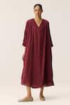 Kharakapas_Maroon Cotton V-neck Mul Louis Dress _Online_at_Aza_Fashions