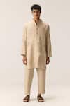 Kharakapas_Beige Cotton, Linen Kurta Pyjama Set _at_Aza_Fashions