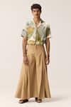 Kharakapas_Beige Oxford, Cotton Pleated Flared Pants _Online_at_Aza_Fashions