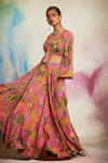 Buy_Saundh_Pink Georgette Beads, Sequins V-neck Printed Top And Lehenga Set 