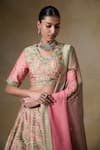Saundh_Pink Bemberg, Silk, Viscose, Organza Embroidery V-neck Rani Printed Lehenga Set _Online_at_Aza_Fashions
