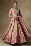 Shop_Saundh_Pink Bemberg, Silk, Viscose, Organza Embroidery V-neck Rani Printed Lehenga Set _Online_at_Aza_Fashions