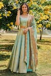 Buy_Saundh_Green Tissue, Voile, Jacquard Zari, Embroidery Round Neck Lehenga Set_at_Aza_Fashions