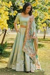 Shop_Saundh_Green Tissue, Voile, Jacquard Zari, Embroidery Round Neck Lehenga Set_at_Aza_Fashions