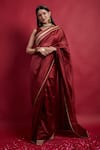 Vinusto_Maroon Chanderi Embroidery, Lace V-neck Handloom Saree With Blouse _Online_at_Aza_Fashions