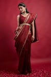 Buy_Vinusto_Maroon Chanderi Embroidery, Lace V-neck Handloom Saree With Blouse _at_Aza_Fashions
