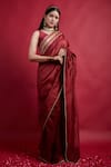 Buy_Vinusto_Maroon Chanderi Embroidery, Lace V-neck Handloom Saree With Blouse _Online_at_Aza_Fashions
