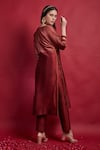 Shop_Vinusto_Maroon Chanderi Zari, Embroidery Open Neck High Slit Kurta And Pants Set _at_Aza_Fashions