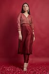 Buy_Vinusto_Maroon Chanderi Zari, Embroidery Open Neck High Slit Kurta And Pants Set _at_Aza_Fashions