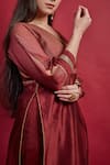 Vinusto_Maroon Chanderi Zari, Embroidery Open Neck High Slit Kurta And Pants Set _Online_at_Aza_Fashions