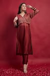 Buy_Vinusto_Maroon Chanderi Zari, Embroidery Open Neck High Slit Kurta And Pants Set _Online_at_Aza_Fashions