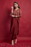 Shop_Vinusto_Maroon Chanderi Zari, Embroidery Open Neck High Slit Kurta And Pants Set _Online_at_Aza_Fashions