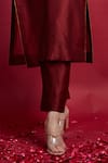 Vinusto_Maroon Chanderi Zari, Embroidery Open Neck High Slit Kurta And Pants Set _at_Aza_Fashions