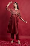 Buy_Vinusto_Maroon Chanderi Zari, Embroidery Open Neck High Slit Kurta And Pants Set 