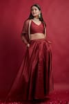 Buy_Vinusto_Maroon , Silk Cut Work Open , Round Jacket Skirt Set _Online_at_Aza_Fashions