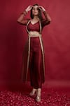 Buy_Vinusto_Maroon , Silk Embroidery Open , Round Jacket Set _at_Aza_Fashions