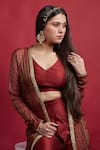 Shop_Vinusto_Maroon , Silk Embroidery Open , Round Jacket Set _Online_at_Aza_Fashions