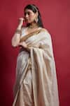 Buy_Vinusto_Ivory Chanderi Embroidery, Zari Round Neck And Gold Saree Set _Online_at_Aza_Fashions