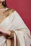 Shop_Vinusto_Ivory Chanderi Embroidery, Zari Round Neck And Gold Saree Set _Online_at_Aza_Fashions