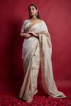 Vinusto_Ivory Chanderi Cut Work And Gold Saree With Unstitched Blouse Piece _at_Aza_Fashions