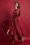 Vinusto_Maroon , Cotton Tassels, Lace V-neck Flared Anarkali And Pant Set _at_Aza_Fashions