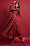 Buy_Vinusto_Maroon Chanderi Tassels, Lace V-neck Flared Anarkali Set _Online_at_Aza_Fashions