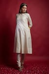 Vinusto_Ivory Chanderi, Cotton Cut Work Keyhole Neck And Gold Striped Anarkali Set _Online_at_Aza_Fashions
