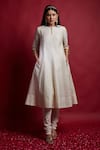 Shop_Vinusto_Ivory Chanderi, Cotton Zari, Embroidery, Fringe Round Neck Anarkali Kurta Set _Online_at_Aza_Fashions