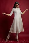 Vinusto_Ivory Chanderi, Cotton Zari, Embroidery, Fringe Round Neck Anarkali Kurta Set _at_Aza_Fashions
