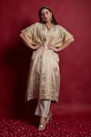 Buy_Vinusto_Ivory Chanderi Tassels, Embroidery V-neck Gold Zari Stripe Kaftan And Pants Set _at_Aza_Fashions