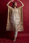 Shop_Vinusto_Ivory Chanderi Tassels, Embroidery V-neck Gold Zari Stripe Kaftan And Pants Set _Online_at_Aza_Fashions