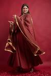 Vinusto_Maroon Chanderi Zari, Embroidery, Fringe Flared Lehanga Set With Dupatta _Online_at_Aza_Fashions