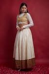 Shop_Vinusto_Ivory Chanderi Gota Patti, Stones Collared, Round Neck And Gold Lehanga Set _at_Aza_Fashions