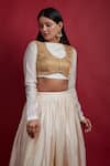 Shop_Vinusto_Ivory Chanderi Gota Patti, Stones Collared, Round Neck And Gold Lehanga Set _Online_at_Aza_Fashions