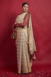 Buy_Vinusto_Gold Chanderi Zari, Embroidery, Cut Work Round Neck Stripe Saree With Blouse _at_Aza_Fashions