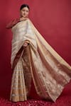 Buy_Vinusto_Gold Chanderi Zari, Embroidery, Cut Work Round Neck Stripe Saree With Blouse _Online_at_Aza_Fashions