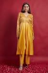 Vinusto_Yellow Chanderi Lace, Mirrors V-neck Handloom Anarkali Set _Online_at_Aza_Fashions