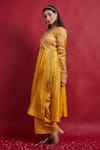 Shop_Vinusto_Yellow , Silk Cut Work, Embroidery V-neck Zig Zag Kurta Set _Online_at_Aza_Fashions