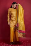 Vinusto_Yellow Chanderi Embroidery, Zari Mandarin Collar Zig-zag Weaves Kurta Set _at_Aza_Fashions