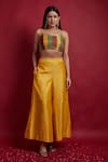Shop_Vinusto_Yellow , Silk Multicolored Spaghetti Top And Turmeric Palazzo _at_Aza_Fashions