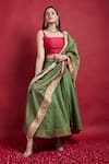 Vinusto_Olive Green Chanderi Embroidery, Zari, Tassels Round Neck High Low Lehenga Set _Online_at_Aza_Fashions