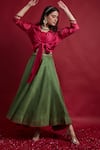 Buy_Vinusto_Olive Green , Silk Embroidery, Lace And Pink Fusion Lehenga Set _Online_at_Aza_Fashions