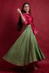 Shop_Vinusto_Olive Green , Silk Embroidery, Lace And Pink Fusion Lehenga Set _at_Aza_Fashions
