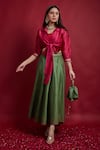 Shop_Vinusto_Olive Green , Silk Embroidery, Lace And Pink Fusion Lehenga Set _Online_at_Aza_Fashions