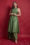 Vinusto_Olive Green Chanderi Zari Halter Neck Anarkali Kurta Set _Online_at_Aza_Fashions
