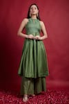 Buy_Vinusto_Olive Green Chanderi Zari Halter Neck Anarkali Kurta Set _Online_at_Aza_Fashions