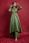 Shop_Vinusto_Olive Green Chanderi Embroidery Round Neck Flared Anarkali And Palazzo Set _at_Aza_Fashions