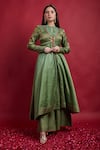 Buy_Vinusto_Olive Green Chanderi Embroidery Round Neck Flared Anarkali And Palazzo Set _at_Aza_Fashions