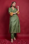 Vinusto_Olive Green Chanderi Embroidery V-neck Kurta Set _Online_at_Aza_Fashions