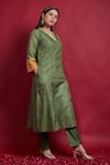 Vinusto_Olive Green Chanderi Embroidery V-neck Kurta Set _at_Aza_Fashions